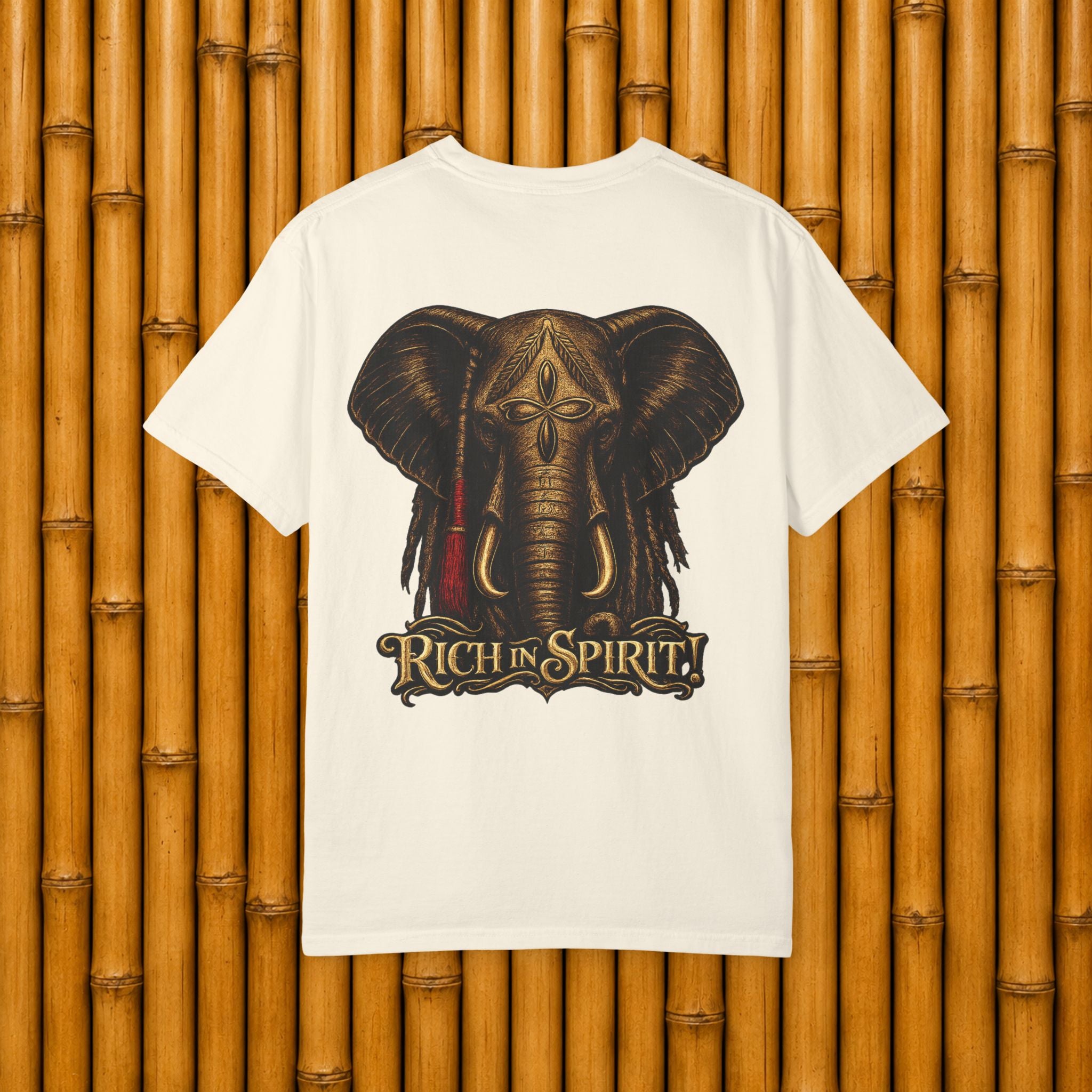 Rich in Spirit Elephant design T-shirt | Tribal elephant back print