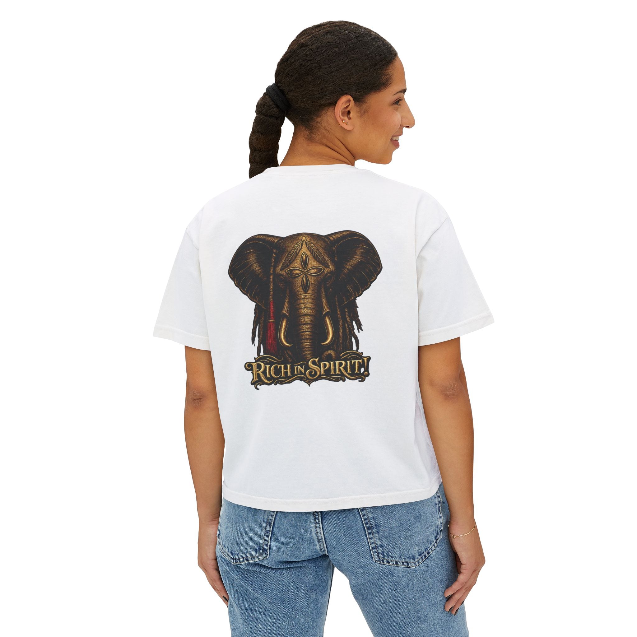 Rich in Spirit Elephant design Tee | Ahavami logo boxy tee